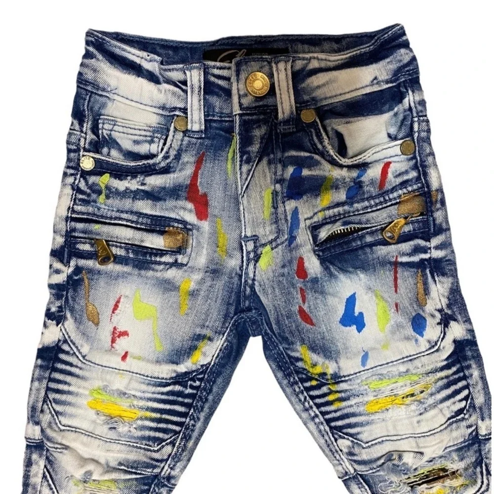 Elite Premium Denim Kids Moto Jeans 2T 3T Paint Splatter Distressed Stretch